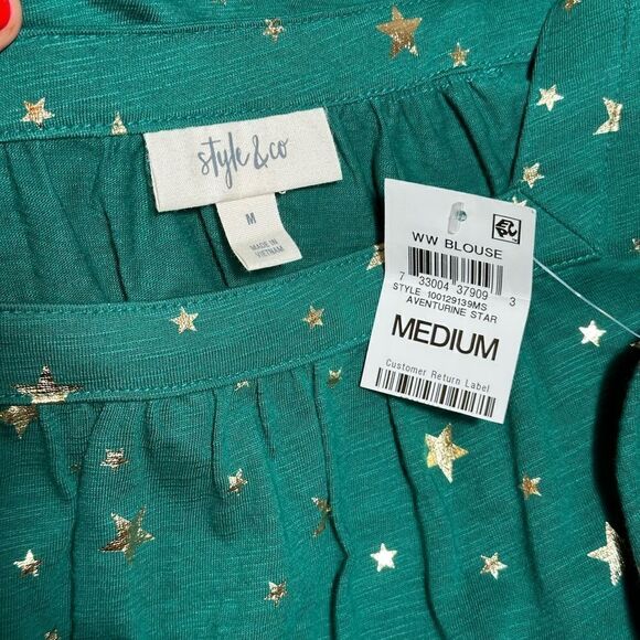 Style & Co Holiday Emerald Green Gold Metallica Star Print 3/4 Sleeve Top - Picture 6 of 6